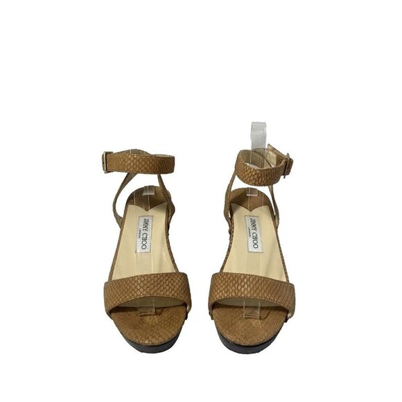 Authentic JIMMY CHOO Leather Snake Embossed Tan and Brown Wood heel size 37